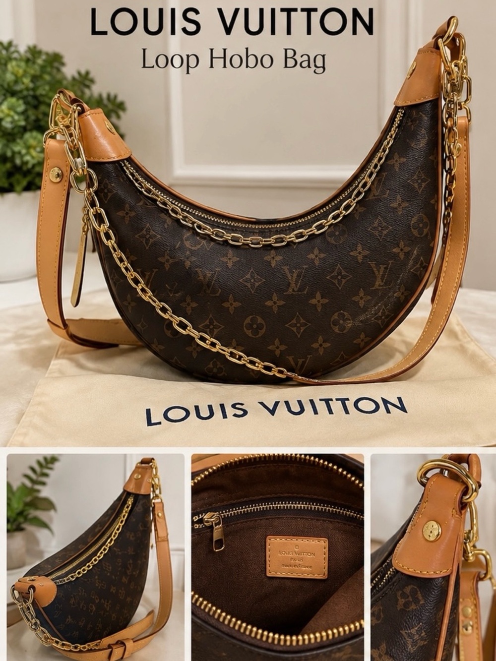 Louis Vuitton Brown Monogram Loop Hobo with Tan Trim and Gold Hardware
